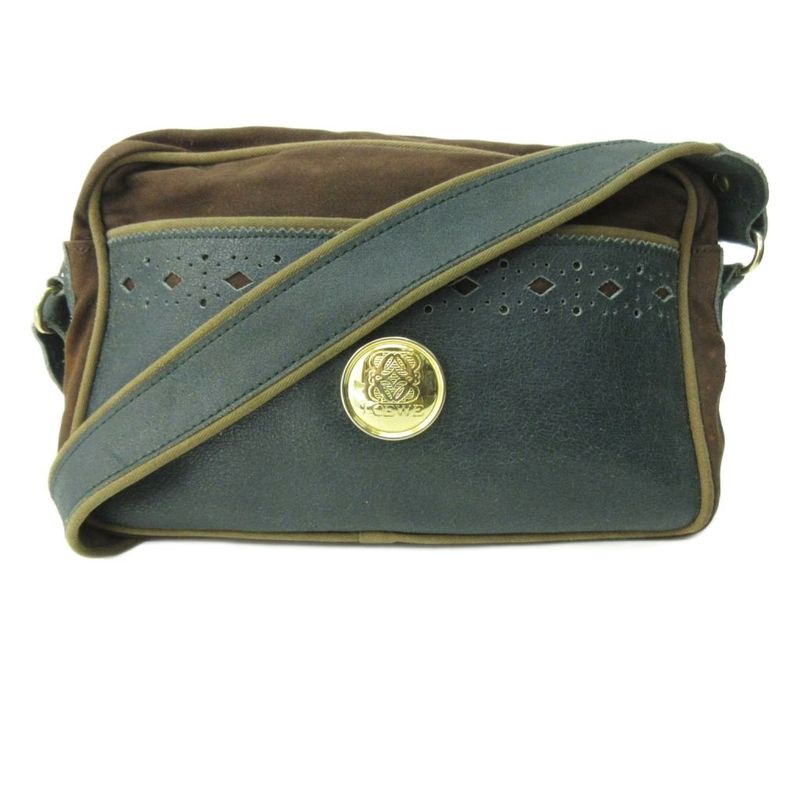 Loewe Shoulder Bag Logo Patch Canvas Leather Green Brown Green Brown 1111