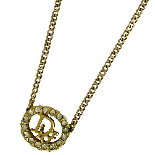 Christian DIOR Logo Rhinestone Necklace GP Rhinestone Gold Women