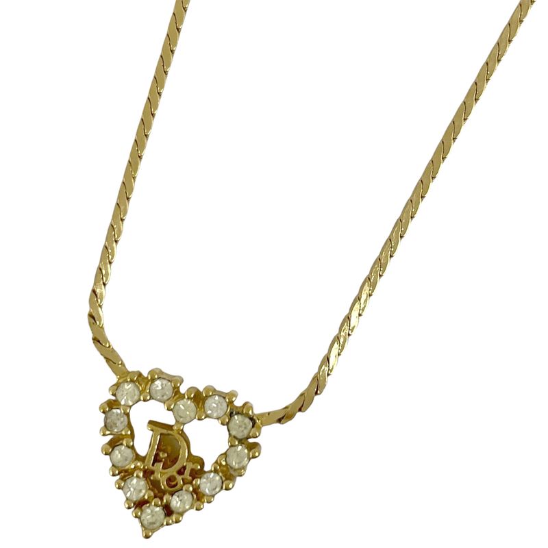 Christian DIOR Logo Rhinestone Necklace Heart Necklace GP Gold Women