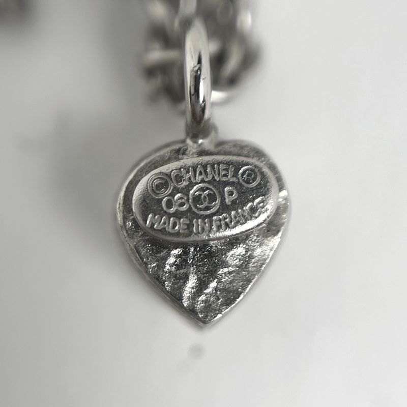 Chanel Coco Mark Rhinestone Necklace Heart Motif Necklace Silver Plated Silver