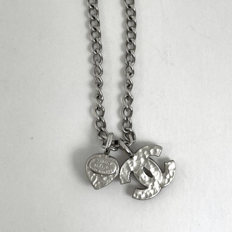 Chanel Coco Mark Rhinestone Necklace Heart Motif Necklace Silver Plated Silver