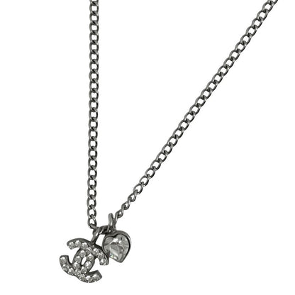 Chanel Coco Mark Rhinestone Necklace Heart Motif Necklace Silver Plated Silver