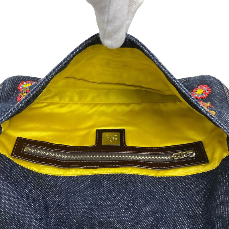 Fendi Zucca Logo Mamma Bucket Beaded Embroidered One Shoulder Bag Denim Blue