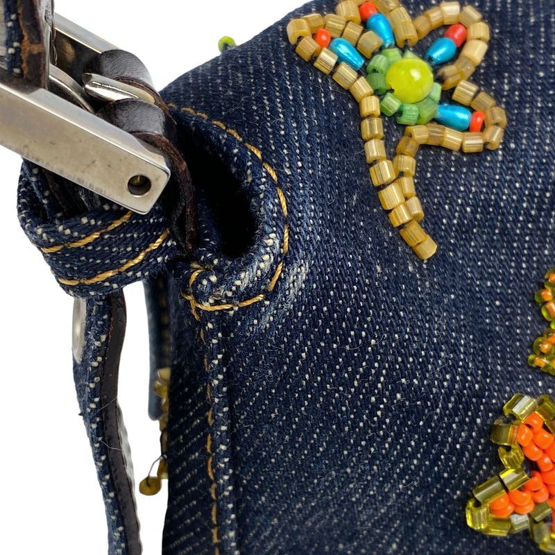 Fendi Zucca Logo Mamma Bucket Beaded Embroidered One Shoulder Bag Denim Blue