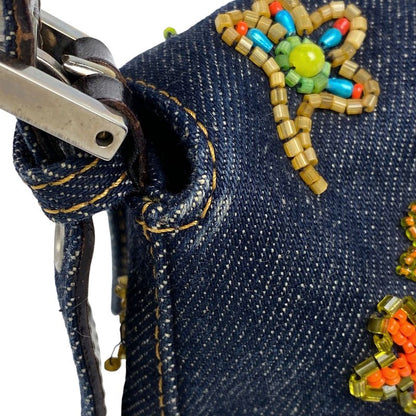 Fendi Zucca Logo Mamma Bucket Beaded Embroidered One Shoulder Bag Denim Blue