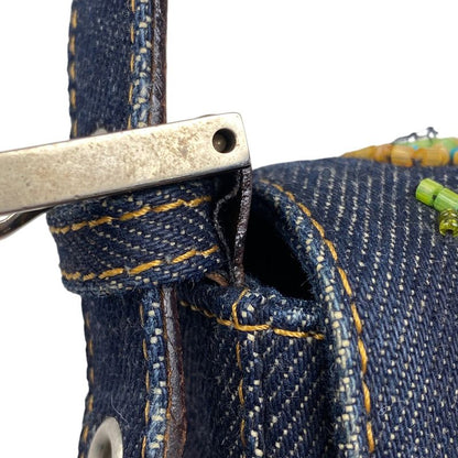 Fendi Zucca Logo Mamma Bucket Beaded Embroidered One Shoulder Bag Denim Blue