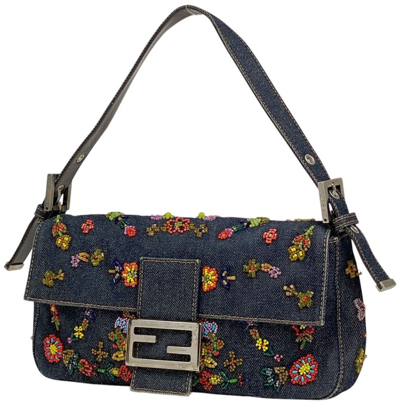 Fendi Zucca Logo Mamma Bucket Beaded Embroidered One Shoulder Bag Denim Blue