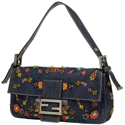 Fendi Zucca Logo Mamma Bucket Beaded Embroidered One Shoulder Bag Denim Blue