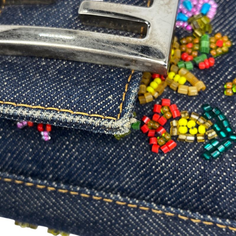Fendi Zucca Logo Mamma Bucket Beaded Embroidered One Shoulder Bag Denim Blue