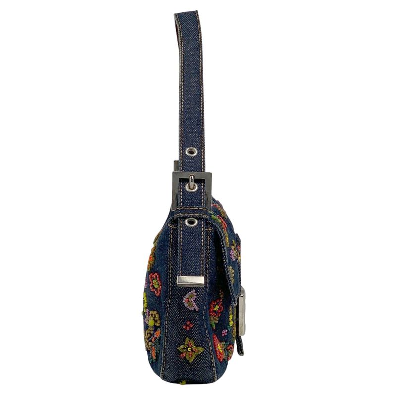 Fendi Zucca Logo Mamma Bucket Beaded Embroidered One Shoulder Bag Denim Blue