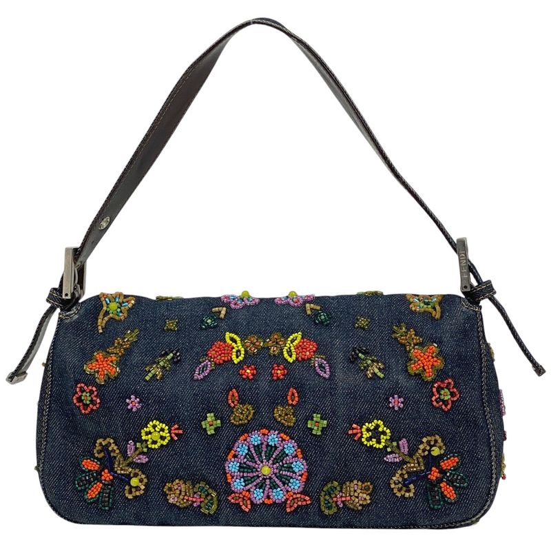 Fendi Zucca Logo Mamma Bucket Beaded Embroidered One Shoulder Bag Denim Blue