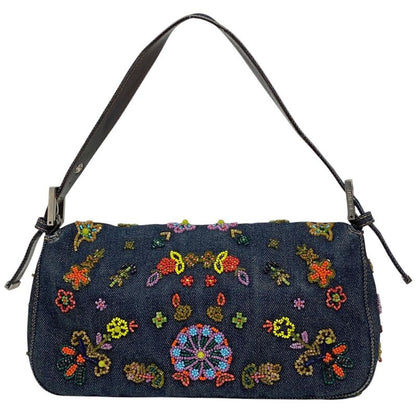 Fendi Zucca Logo Mamma Bucket Beaded Embroidered One Shoulder Bag Denim Blue