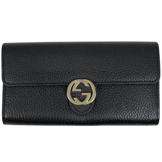 Gucci Interlocking G Long Wallet Billfold Coin Purse Long Leather Black 598166