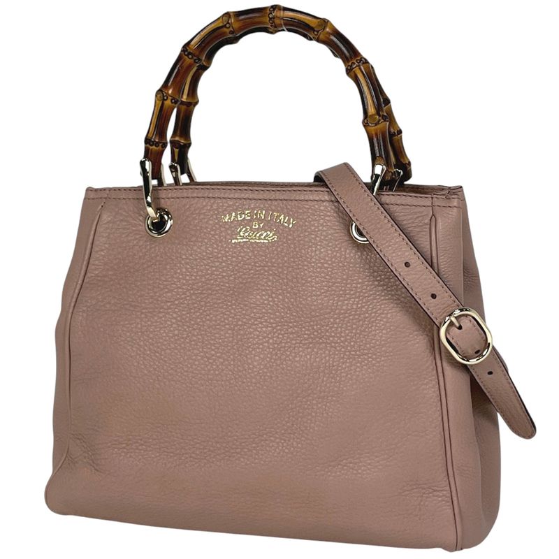 Gucci Bamboo Small Shopper Handbag 2WAY Shoulder Bag Handbag Leather Salmon
