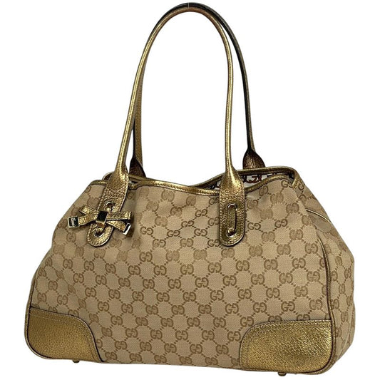 Gucci Princi Tote Shoulder Bag Ribbon Tote Bag GG Canvas Beige Gold 163805 Women