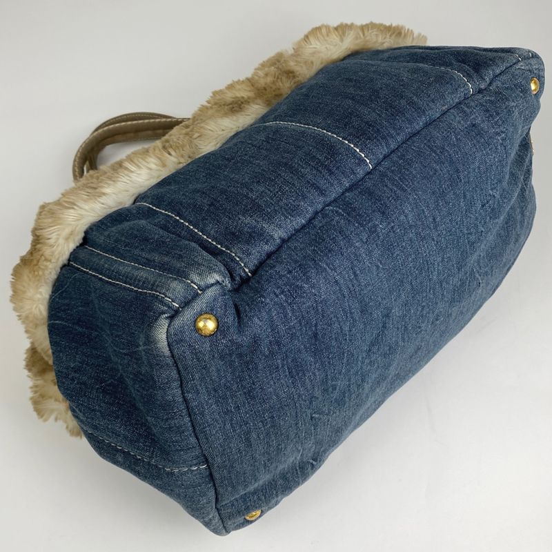 Prada Canapa Tote Faux Fur Handbag Tote Bag Denim Blue Beige Bn2182 Women