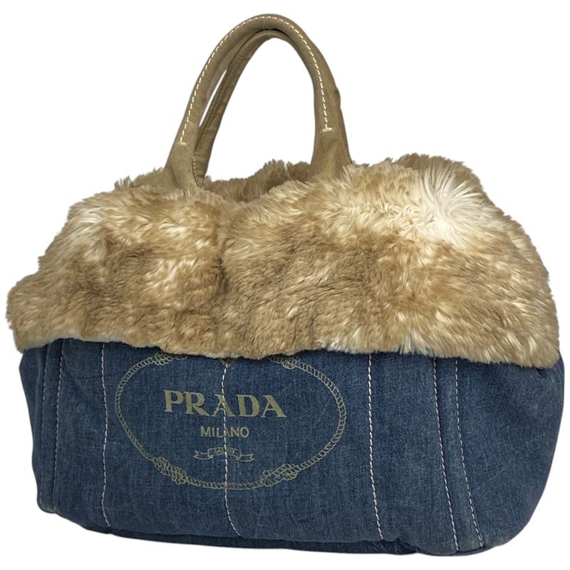 Prada Canapa Tote Faux Fur Handbag Tote Bag Denim Blue Beige Bn2182 Women