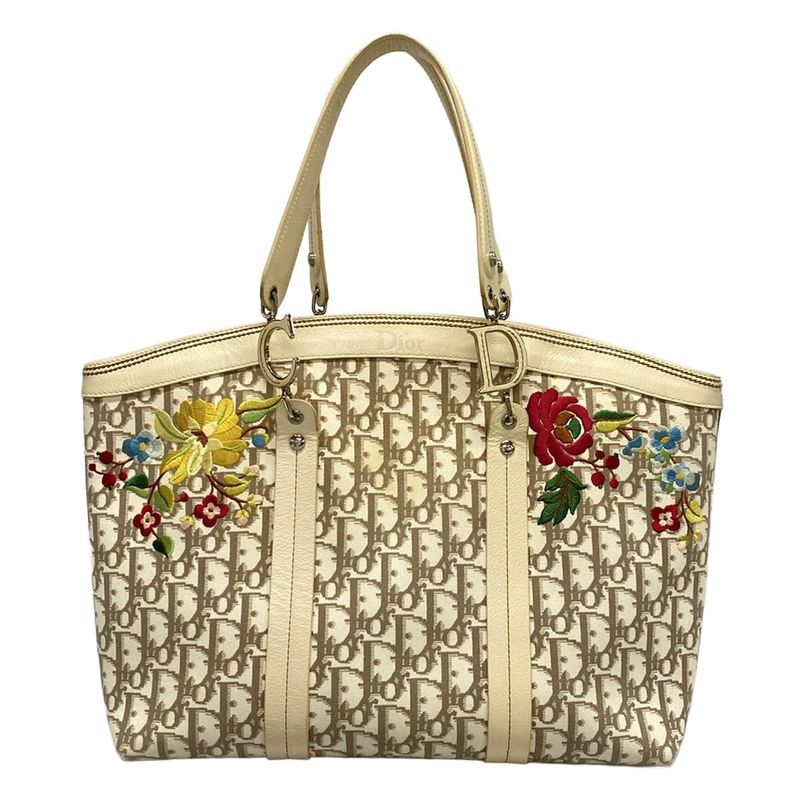 Dior/christian Dior Tote Bag Flowertrotter Ivory X Dark Brown X Multi Embroidery