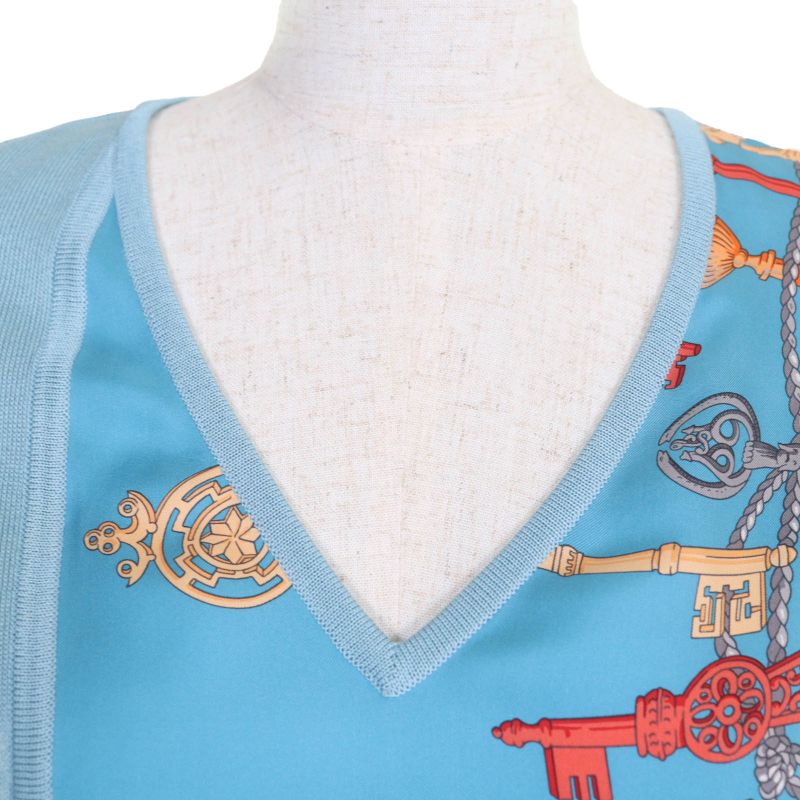 Hermes 86-7720 LES CLES Les Cles 100% Silk V-neck Sleeveless Knit Blue 36 Made