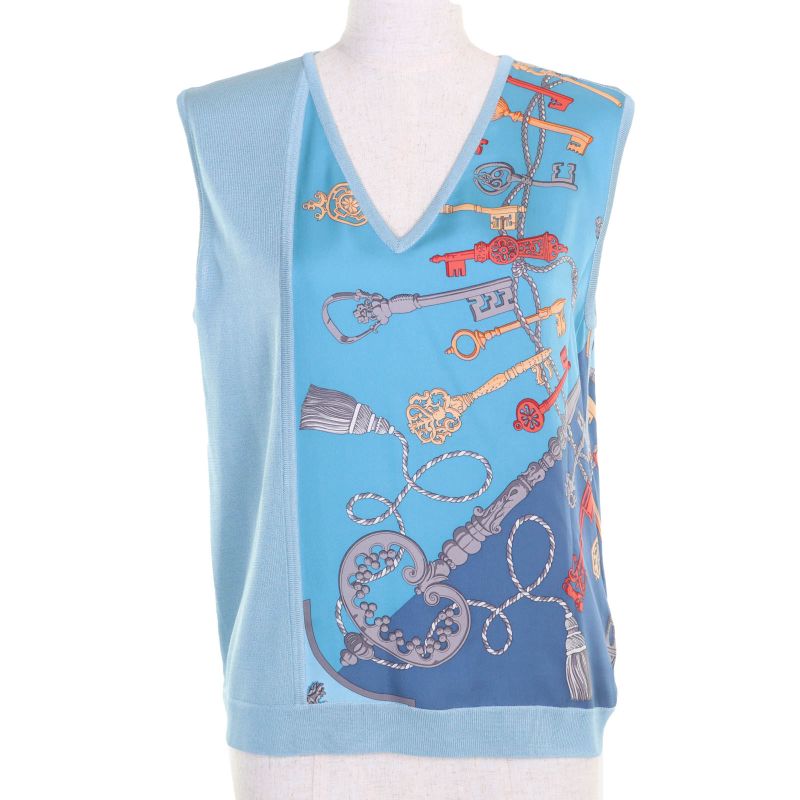 Hermes 86-7720 LES CLES Les Cles 100% Silk V-neck Sleeveless Knit Blue 36 Made