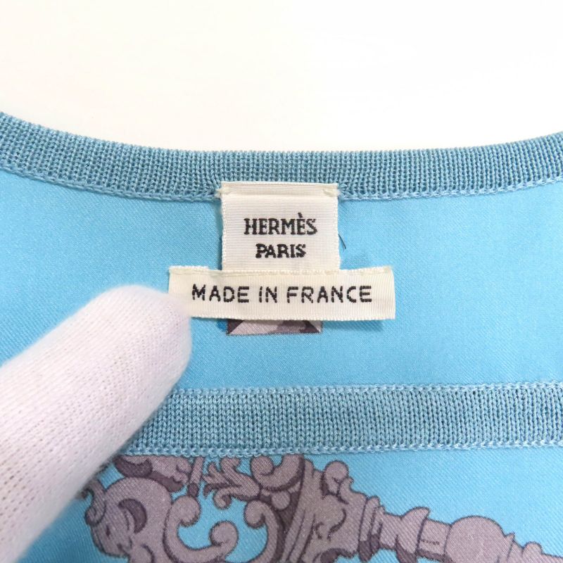 Hermes 86-7720 LES CLES Les Cles 100% Silk V-neck Sleeveless Knit Blue 36 Made