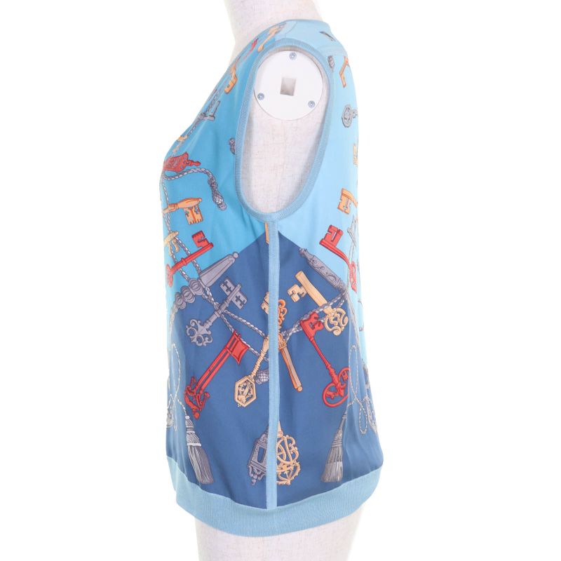 Hermes 86-7720 LES CLES Les Cles 100% Silk V-neck Sleeveless Knit Blue 36 Made