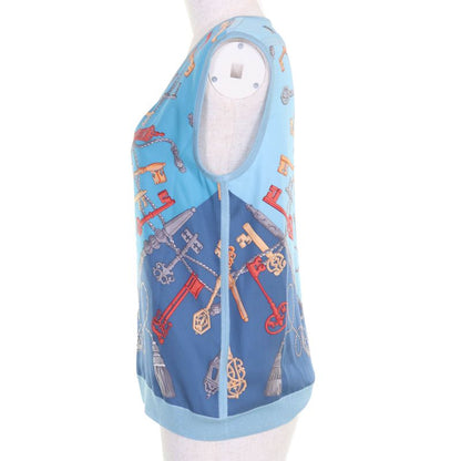 Hermes 86-7720 LES CLES Les Cles 100% Silk V-neck Sleeveless Knit Blue 36 Made