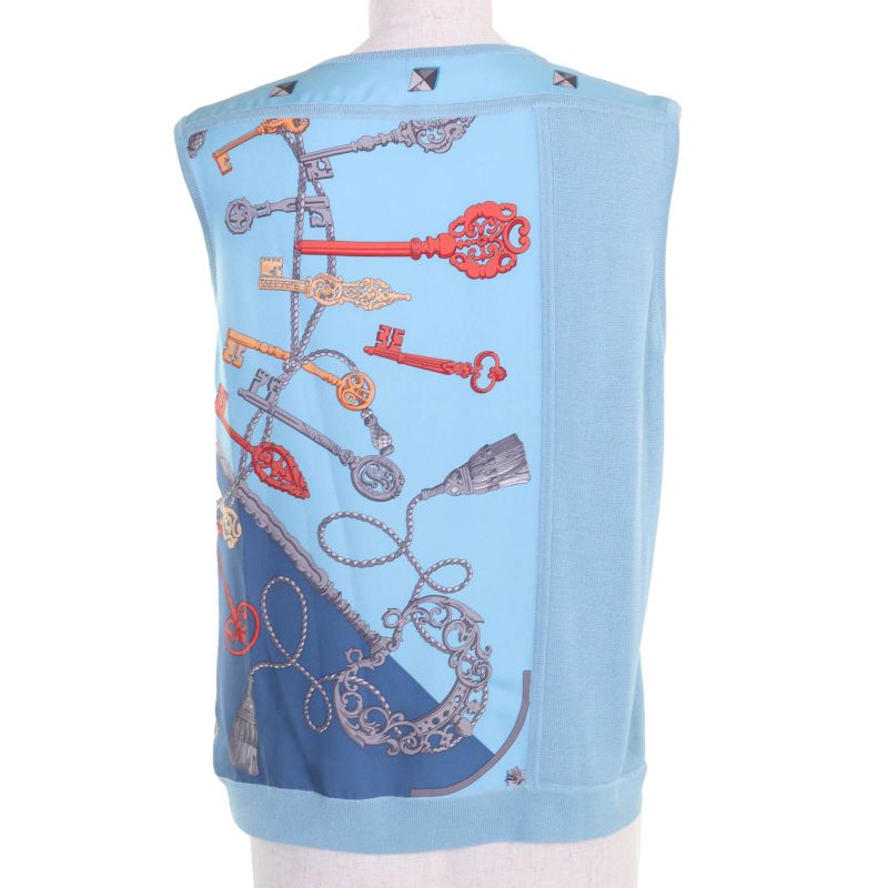 Hermes 86-7720 LES CLES Les Cles 100% Silk V-neck Sleeveless Knit Blue 36 Made