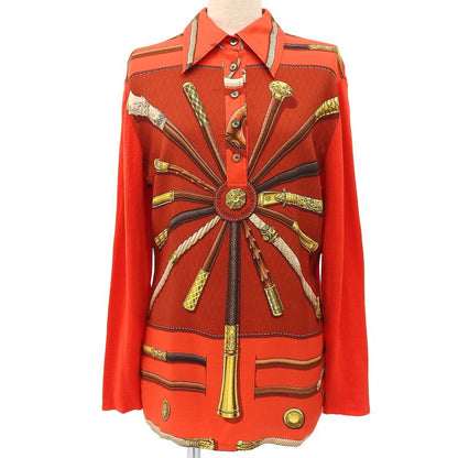 Hermes Vintage Silk Cotton Twill Raine Stick Pattern Shell Button Long Sleeve