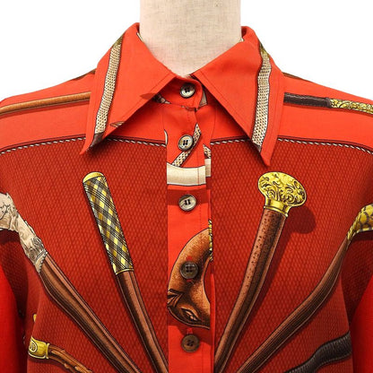 Hermes Vintage Silk Cotton Twill Raine Stick Pattern Shell Button Long Sleeve