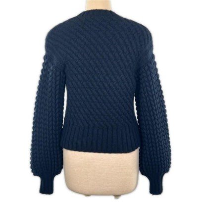 Hermes Cashmere Wool Cable-knit Long-sleeved Knitted Sweater Dark Navy 34 Made
