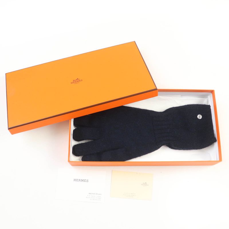 Hermes Cashmere Silver Hardware Serie Hardware Knit Gloves Navy S With Box Made