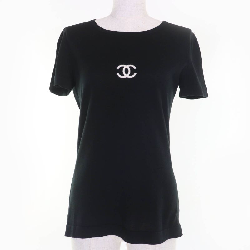CHANEL Vintage 95P P04540 100% Cotton Coco Mark Short Sleeve Knit Top Black 38