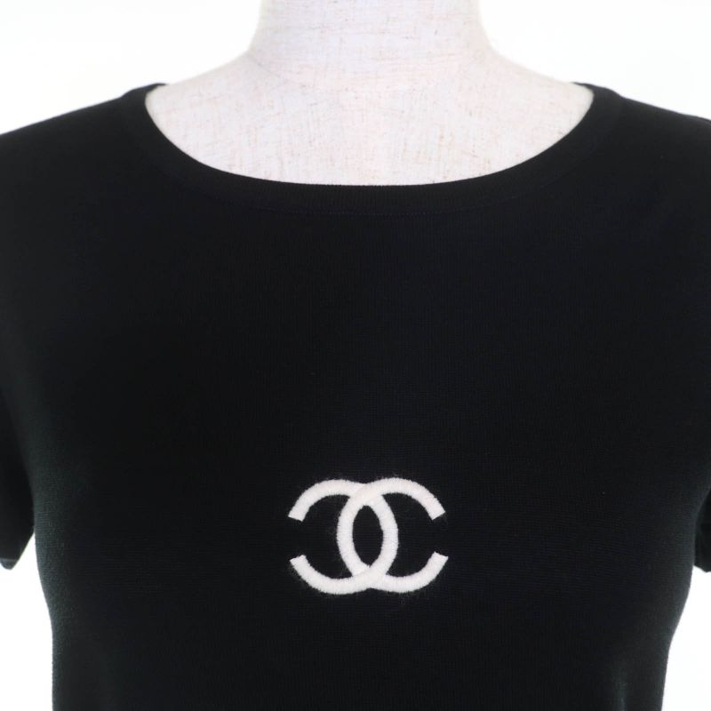 CHANEL Vintage 95P P04540 100% Cotton Coco Mark Short Sleeve Knit Top Black 38
