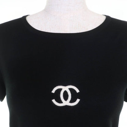 CHANEL Vintage 95P P04540 100% Cotton Coco Mark Short Sleeve Knit Top Black 38