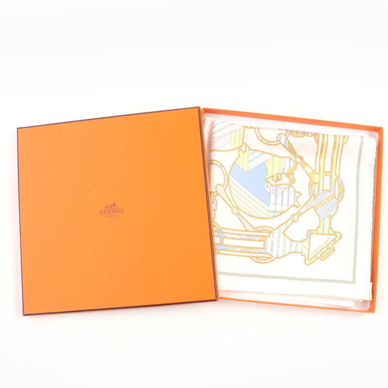 Hermes Carre Geant45 Gavroche Tattersall Zigzag Silk 100% Blanc/bleu CIEL Scarf