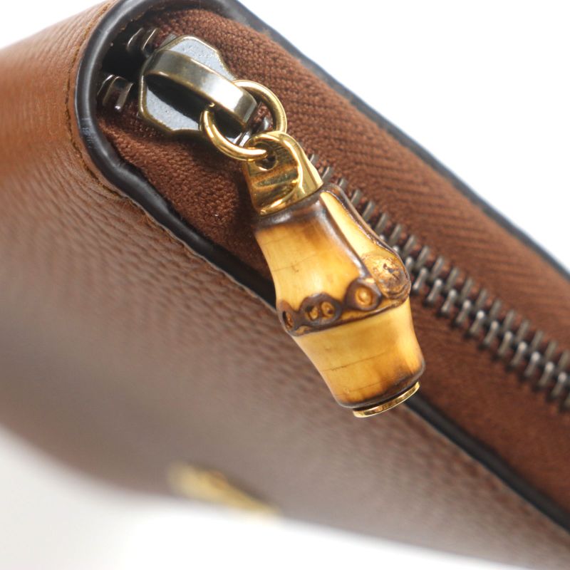 Gucci 739499 Bamboo GG Marmont Round Zipper Leather Wallet Long Wallet Brown