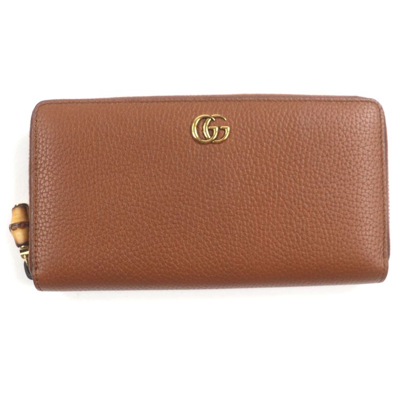 Gucci 739499 Bamboo GG Marmont Round Zipper Leather Wallet Long Wallet Brown