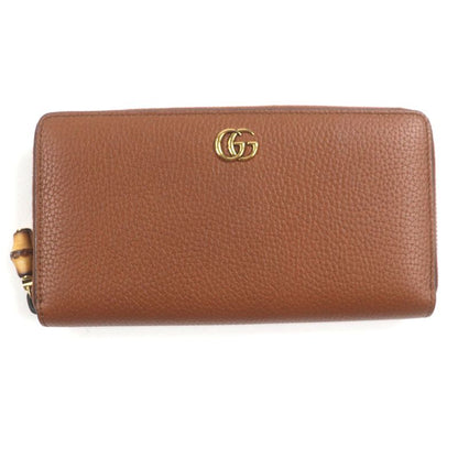 Gucci 739499 Bamboo GG Marmont Round Zipper Leather Wallet Long Wallet Brown