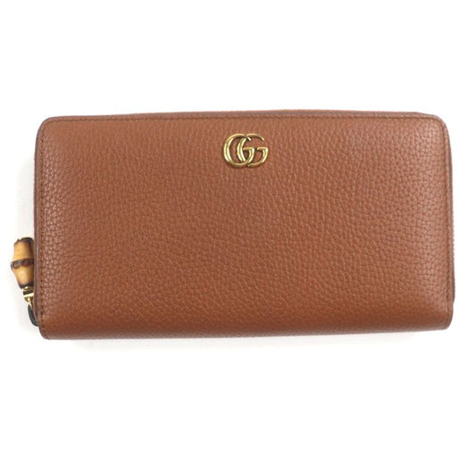Gucci 739499 Bamboo GG Marmont Round Zipper Leather Wallet Long Wallet Brown