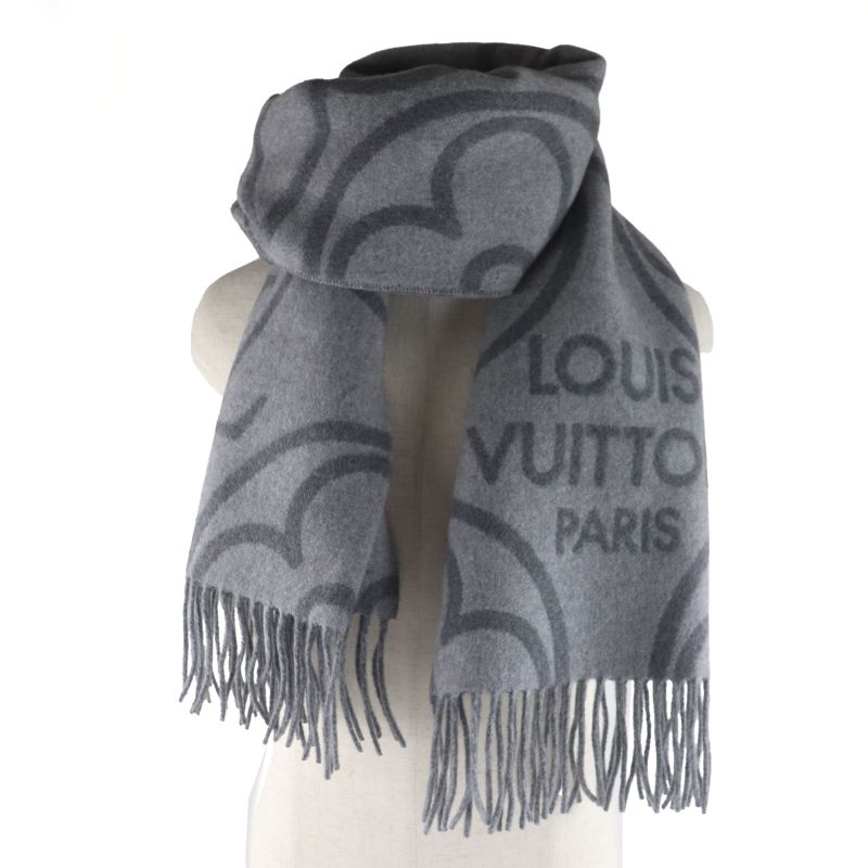  Louis Vuitton 2022 R96950 Echarpe Earmuffs Cashmere Wool Fringed Large Shawl