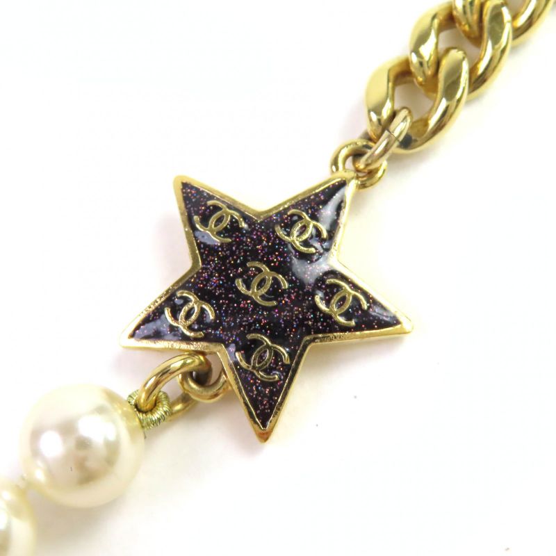 CHANEL C24C Coco Mark Star Lame Pearl Choker Necklace Accessory Gold White Made