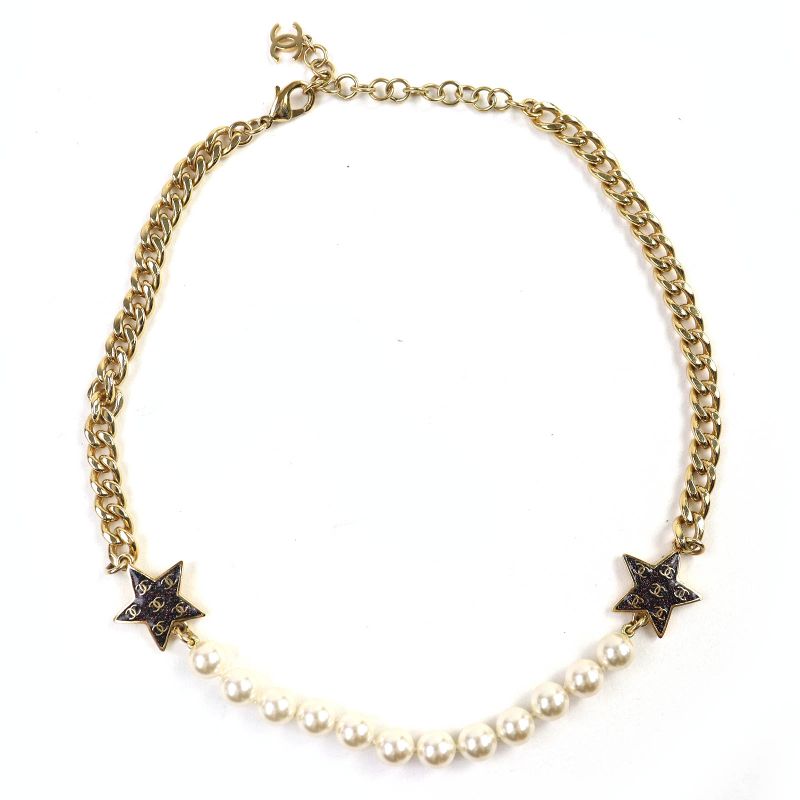 CHANEL C24C Coco Mark Star Lame Pearl Choker Necklace Accessory Gold White Made