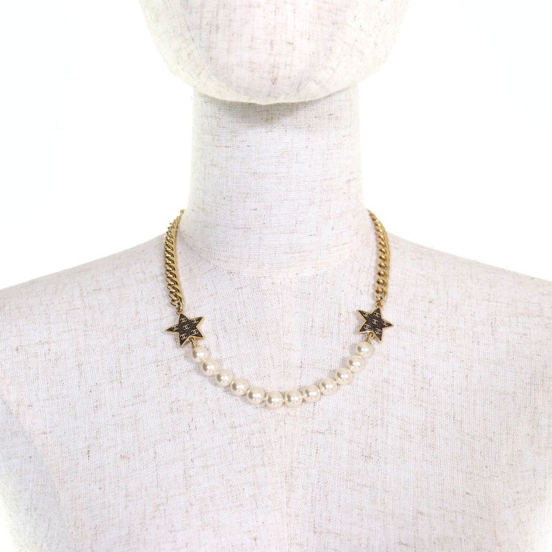 CHANEL C24C Coco Mark Star Lame Pearl Choker Necklace Accessory Gold White Made