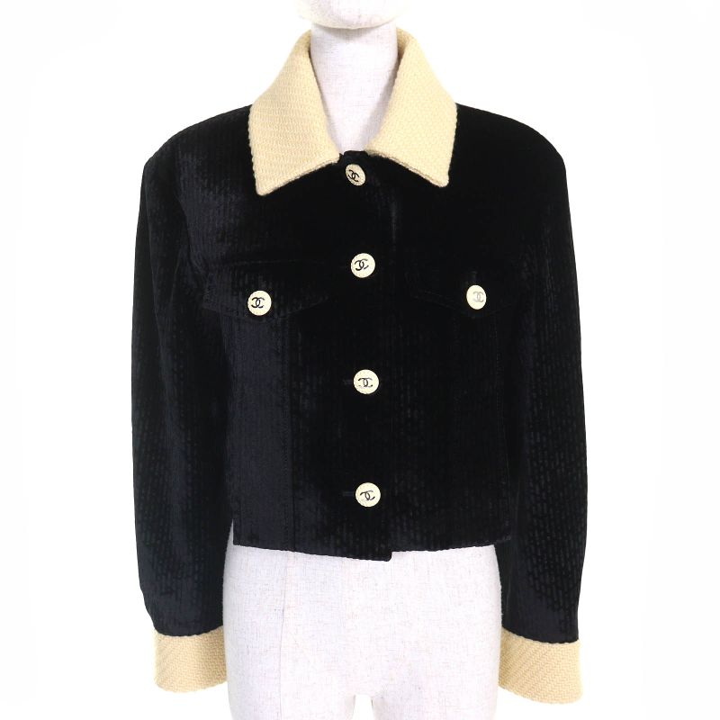 CHANEL P73311 Silk Blend Coco Button Velvet Tweed Jacket Cropped Black Beige 38