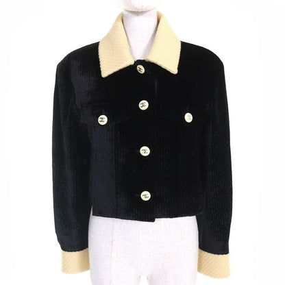 CHANEL P73311 Silk Blend Coco Button Velvet Tweed Jacket Cropped Black Beige 38