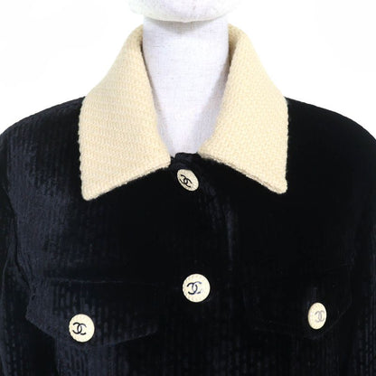 CHANEL P73311 Silk Blend Coco Button Velvet Tweed Jacket Cropped Black Beige 38