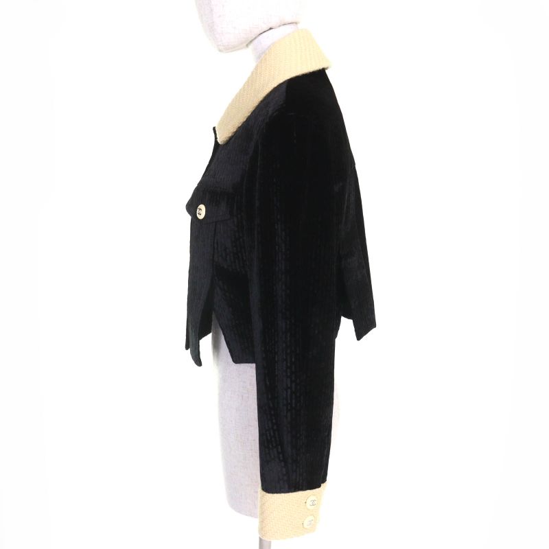 CHANEL P73311 Silk Blend Coco Button Velvet Tweed Jacket Cropped Black Beige 38