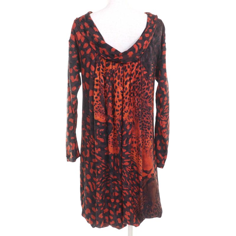 Hermes 100% Silk Leopard Print Long Sleeves Long Dress Orange Black 36 Made In