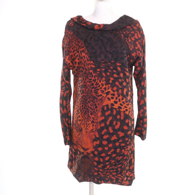 Hermes 100% Silk Leopard Print Long Sleeves Long Dress Orange Black 36 Made In